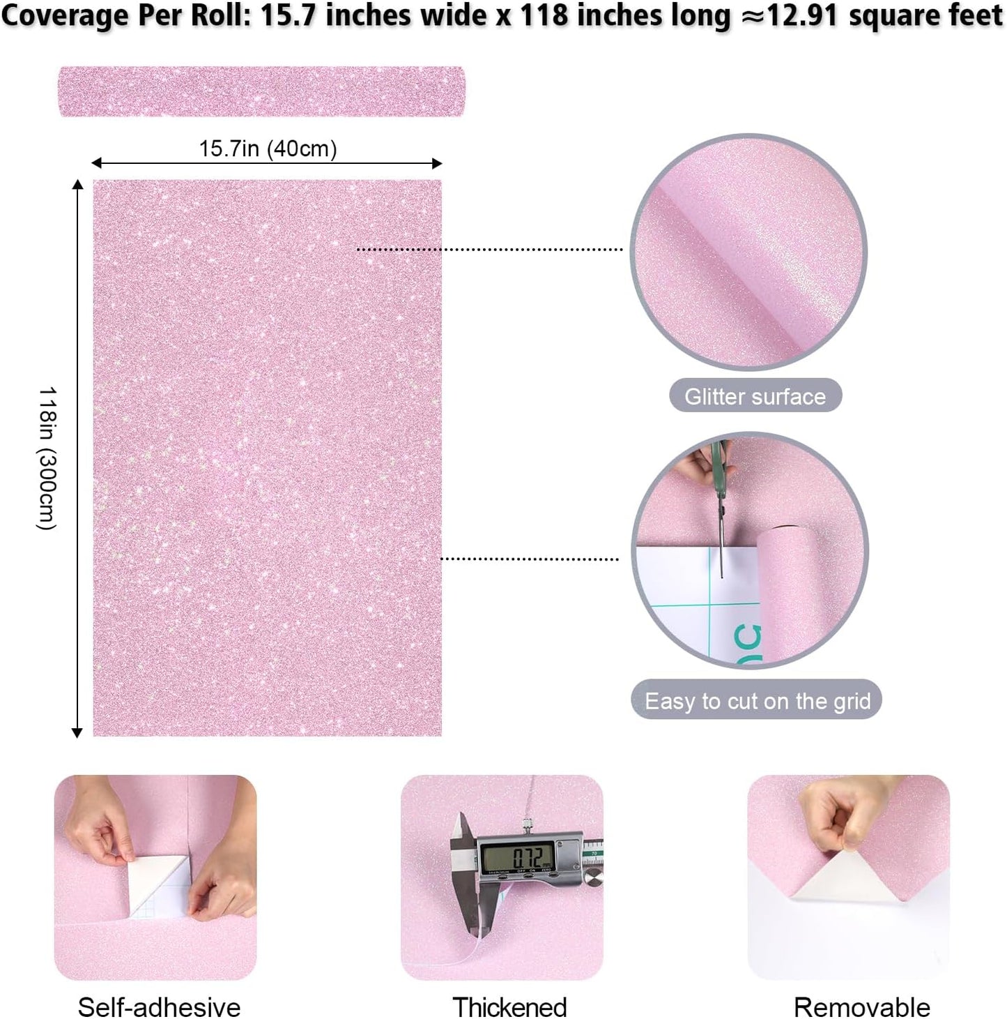 Holographic Pink Glitter Wallpaper Stick and Peel Sparkle Glitter Contact Paper for Girls Drawer Desk Shelves Fridge Thick Fabric Wrap Self Adhesive Removable Pink Wall Paper 15.7"x118"
