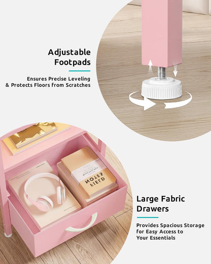 Lazzanto Night Stand Bedside Charger Bedroom - Nightstand with Charging Station & LED Light Strip, Night Stand with Storage Shelf & 4 Fabric Drawers, Morden End Table with USB Ports&AC Outlets,Pink