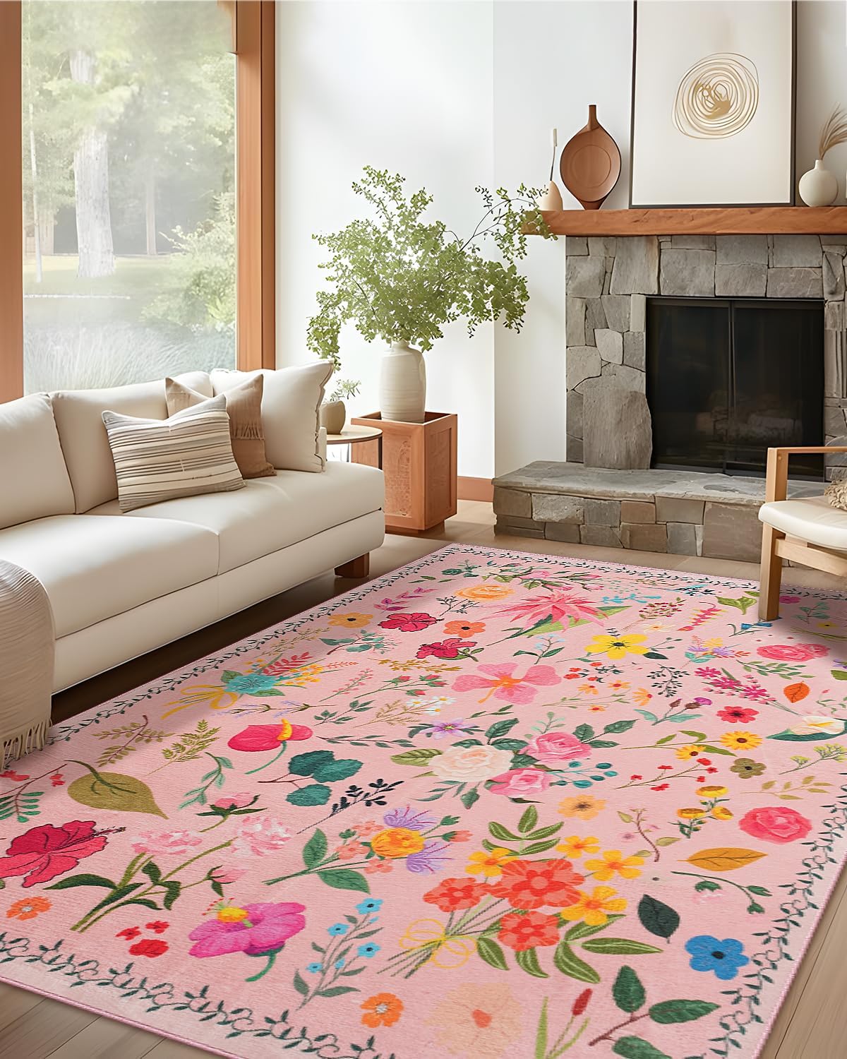 CRYPTOLITE Boho Washable Area Rug 5x7 – Floral Low Pile Non-Slip Carpet for Living Room, Bedroom, Office, Playroom, Entryway, Kitchen, Dining Room (Pink)
