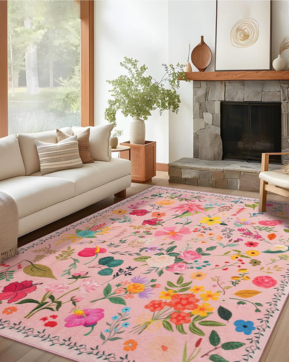 CRYPTOLITE Boho Washable Area Rug 5x7 – Floral Low Pile Non-Slip Carpet for Living Room, Bedroom, Office, Playroom, Entryway, Kitchen, Dining Room (Pink)