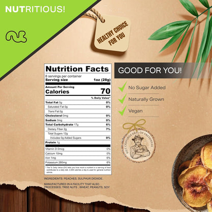 NUT CRAVINGS - Dried California Peaches, No Sugar Added, Unsweetened (8oz, 1 Pack) Sweet Healthy Snack, Vegan, Kosher, Resealable Bag