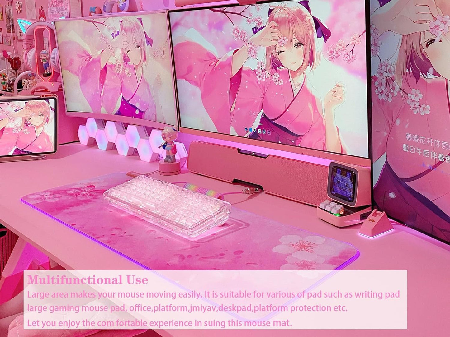 JMIYAV RGB Cherry Blossom Gaming Mouse Pad Pink 31.5x12 Inch PC XL Large Extended Glowing Led Light Up Desk Pad Non-Slip Rubber Base Computer Keyboard and Mouse Pad Cute Mousepad