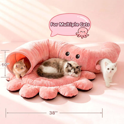 Cat Tunnel Bed with 20 Cat Toys, Collapsible Play Tunnel for Indoor Cats, Kitten Toys for Indoor Kittens, Octopus Shaped