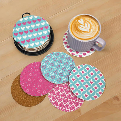 Pink & Mint Love Felt Coasters Set of 6, Round Absorbent Drink Coasters, Non-Slip Cork Backing, Removable Holder