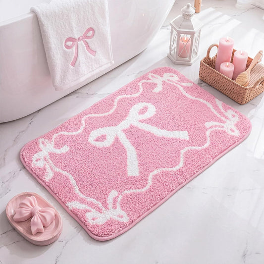 Dunzy Bow Bath Mat Bow Bedroom Rug Cute Large Non Slip Soft Absorbent Bathroom Rug Washable for Bedroom Bathroom Floor Tub Shower Home Decor Accessories(Pink,15.8 x 23.6 Inch)