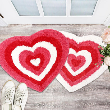 JarThenaAMCS 2 Pcs Valentine Heart Bath Mat Pink Red Heart Shaped Bathroom Rug Non Slip Absorbent Tufted Shower Rug Front Door Mat for Home Room Entrance, 19.6 x 23.6 Inch