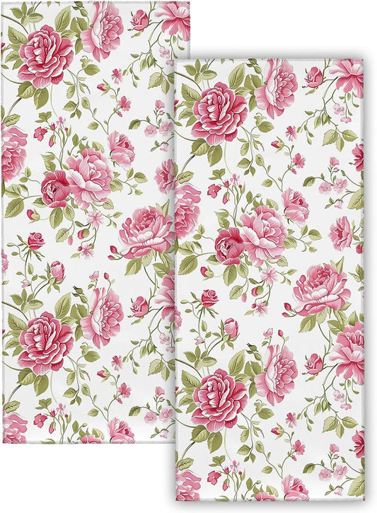 Vibrant Floral Hand Towels 2PCS, Pink Flower and Leaf Pattern Polyester Bath Towel Set, Vintage Blossom Design for Women, Bathroom, Spa, Gym, Kitchen, Travel Decor Gifts, 14.5x28 Inch
