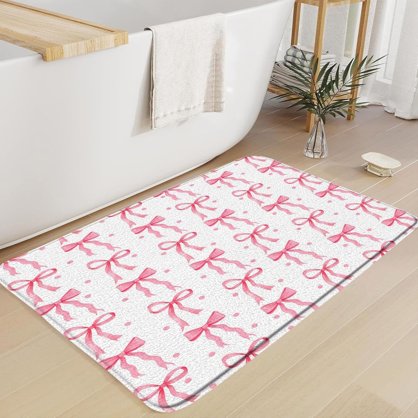 Cute Bow Bath Mat Pink Bownot Aesthetic Modern Bathroom Mat Rug Memory Foam Doormat，17.8x29.5 Inch