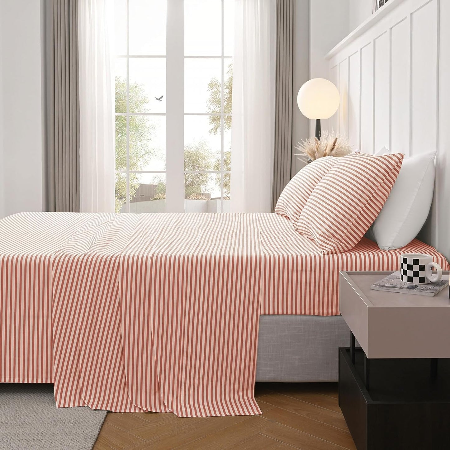 JELLYMONI Natural Cotton Bedding Set, 4-Piece Striped Sheets – King Size, Pink