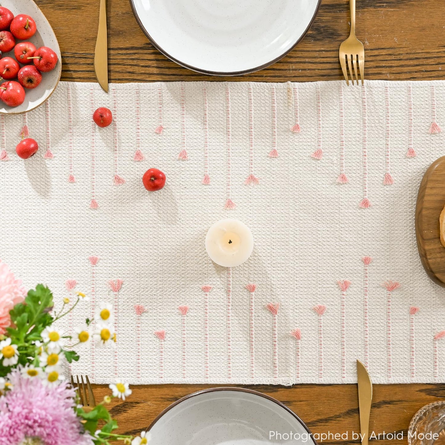 Artoid Mode Pink Boho Table Runner for Farmhouse Rustic，Seasonal Holiday Macrame Burlap Kitchen Dining Table Decoration for Home Party Decor 12x72 Inch