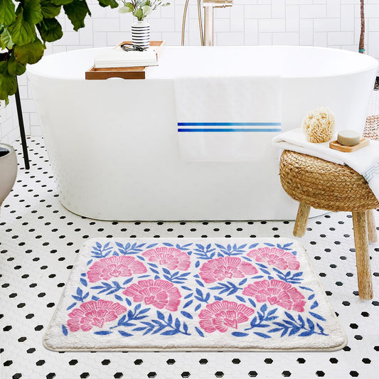 SHIYUE Cute Bath Mat for Bathroom Rugs, Ultra Soft and Fluffy Microfiber Water Absorption Non Slip Mat for Bedroom Kitchen Bathroom Toilet Floors(18"×26" Pink Flower)
