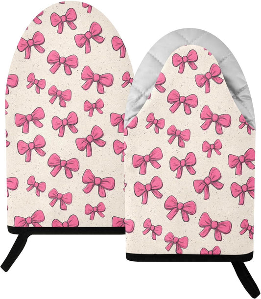 Cartoon Pink Bows 2pcs Oven Mitts Heat Resistant Kitchen Gloves Great Gift for Cooking Baking