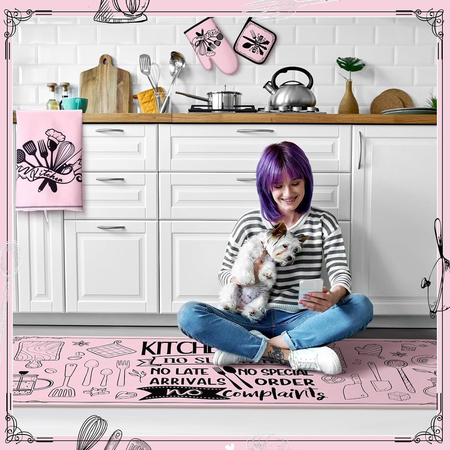 Fourluoo 10 Pcs Farmhouse Kitchen Decor and Accessories Set 4 Kitchen Towels 2 Pot Holders 2 Oven Mitts 2 Rugs for Cooking Baking Mom Housewarming Gifts(Soft Pink,Appealing Style)