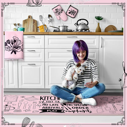 Fourluoo 10 Pcs Farmhouse Kitchen Decor and Accessories Set 4 Kitchen Towels 2 Pot Holders 2 Oven Mitts 2 Rugs for Cooking Baking Mom Housewarming Gifts(Soft Pink,Appealing Style)