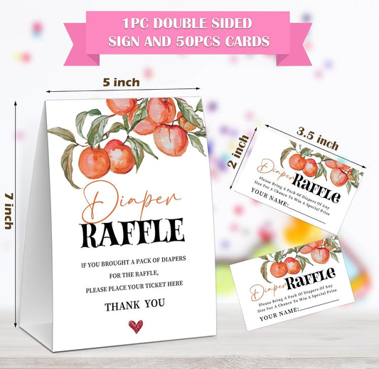 Peach Baby Shower Diaper Raffle, Baby Shower Game, Include One 5×7 Sign and 50 Diaper Raffle Tickets, Sweet Peach Gender Reveal Party Decoration Supplies - FG14