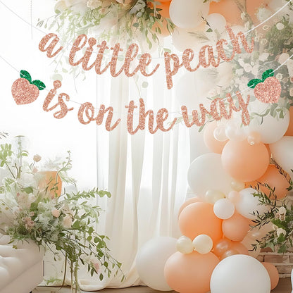 A Little Peach is on the Way Banner Baby Shower/Gender Revel Party Decorations Newborn Baby First Birthday Party Banner Fruit Theme Birthday Banner Rose Gold Glitter