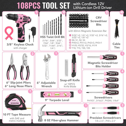WORKPRO Pink Tool Set with Power Drill, 108PCS Portable Ladies Pink Drill Kit for Home with Toolbox and Pink Hammer, 1.5 Ah Cordless Drills with Keyless Chuck and Variable Speed Trigger - Pink Ribbon