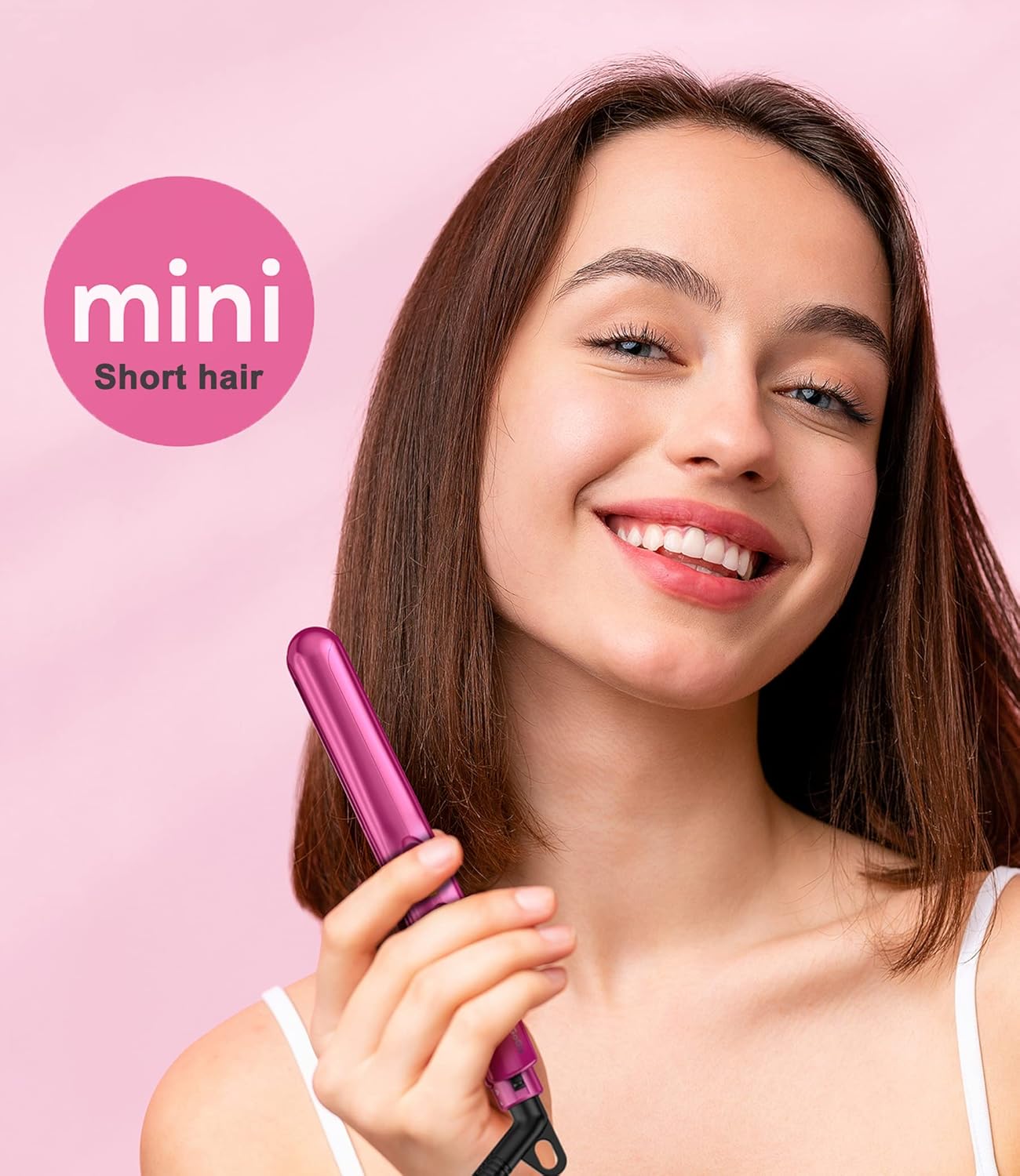 Terviiix Mini Flat Iron for Bangs Short Hair Edges, 1/2 Inch Small Ceramic Hair Straightener and Curler 2-in-1, Travel Flat Iron with Dual Voltage, 430F Fast Heat, Pouch - Pink