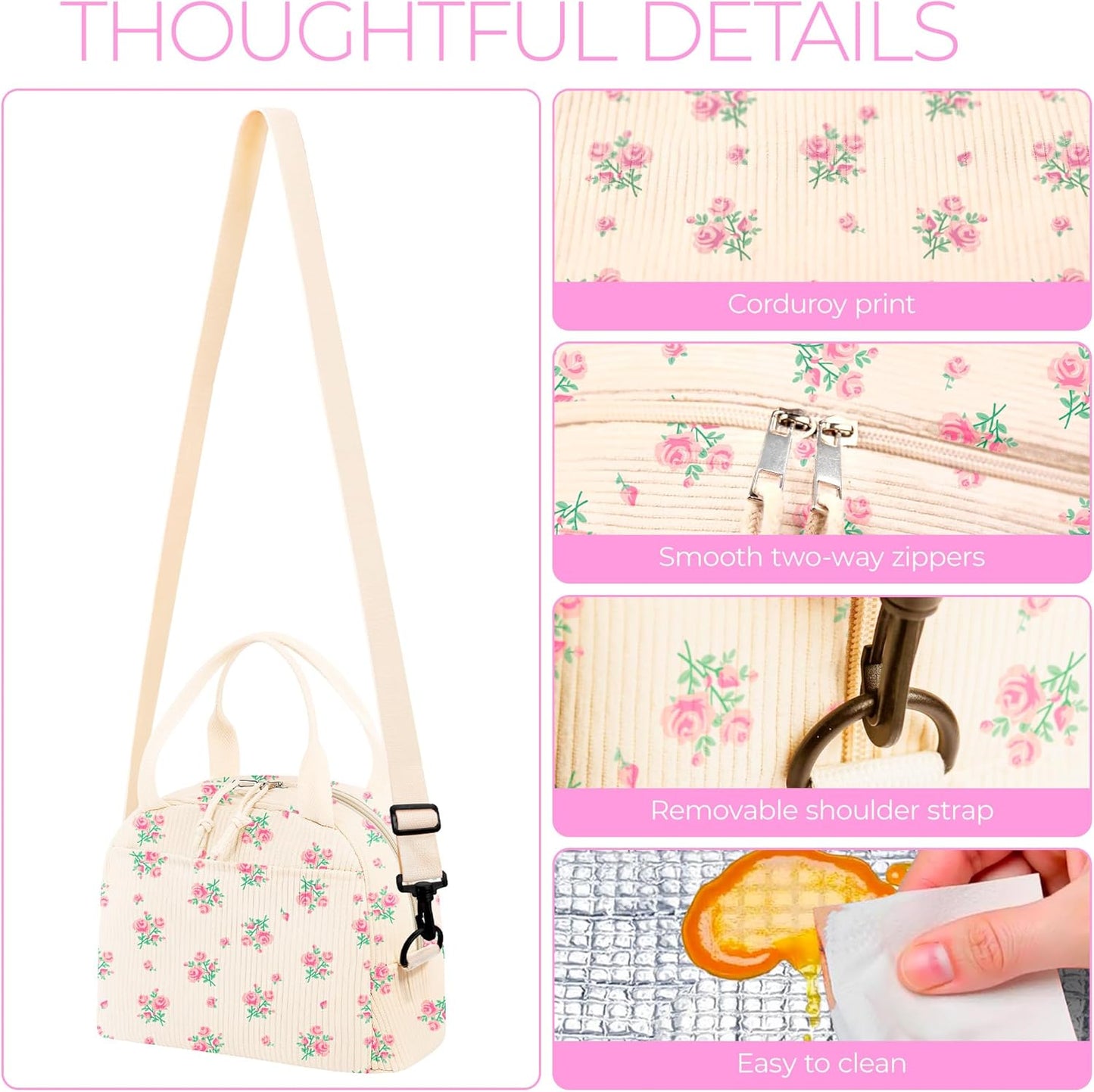 WOBAGMEN Lunch Box for Women,Cherry Lunch Bag Cute Corduroy Insulated Lunch Box With Shoulder Strap for Adult Womens for Work Picnic (pink floral)