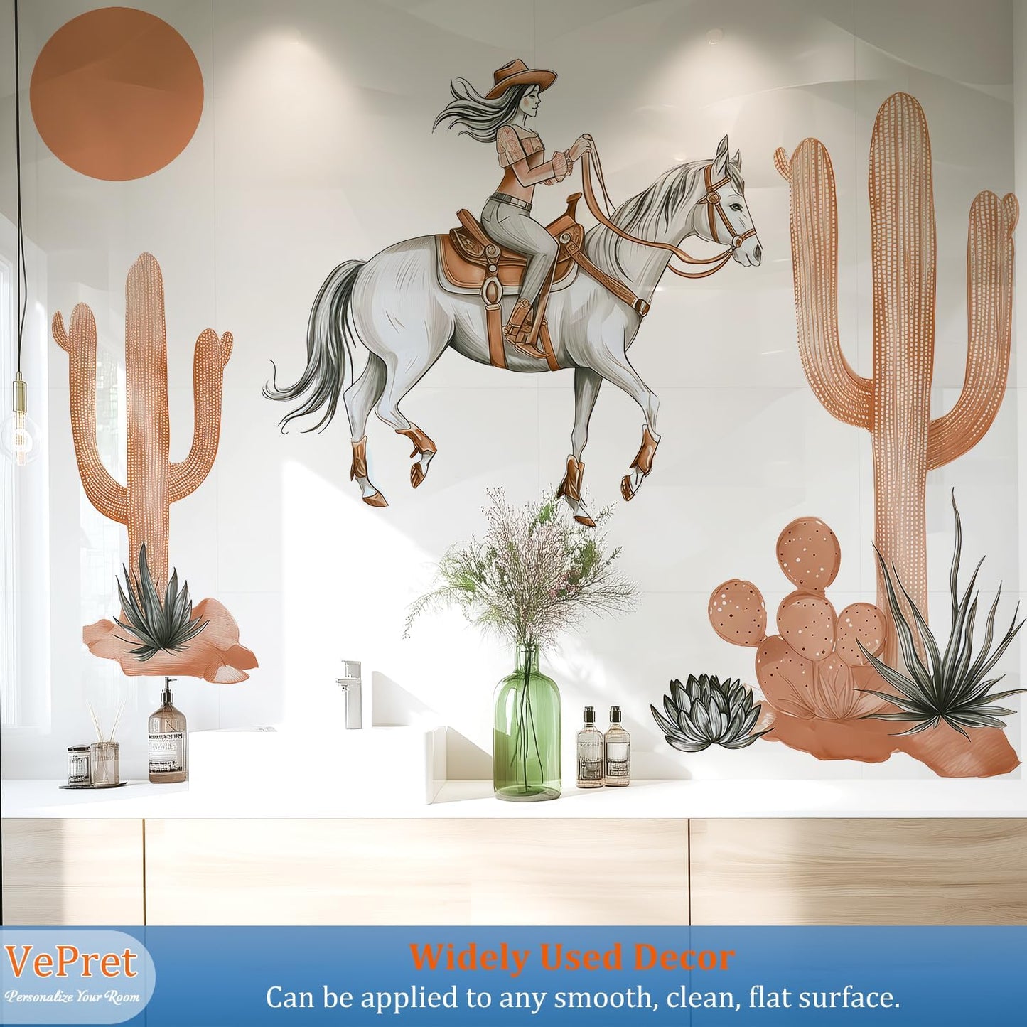 Cowgirl Horse Wall Decals Peel and Stick - Boho Cactus Sun Western Girl Riding Horse Vinyl Sticker Mural for Kids Room, Nursery, Bedroom - Desert Safari Animal Theme Removable Wall Art Mural