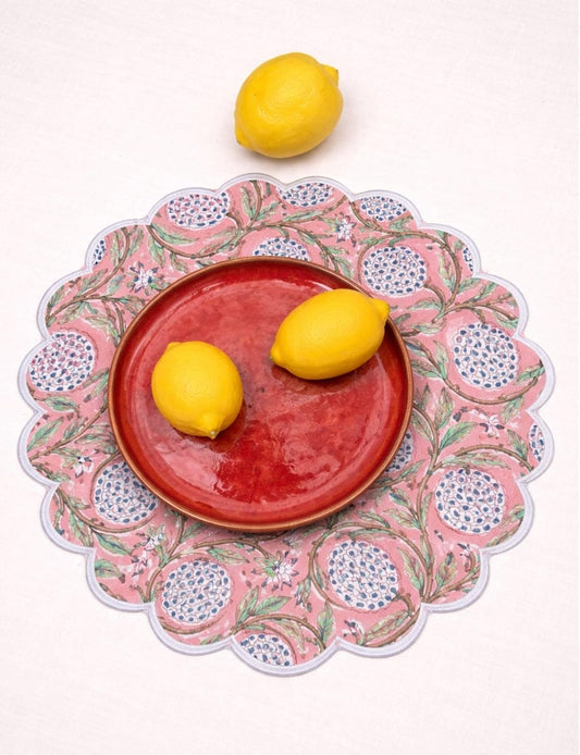 15 Inch Round Placemats Set of 4, for Dining Table, Scalloped Boho Cotton Cloth Easter Placemats - Washable Embroidered Block Print Table Mat - Fabric Place Mats for Kitchen, Peach