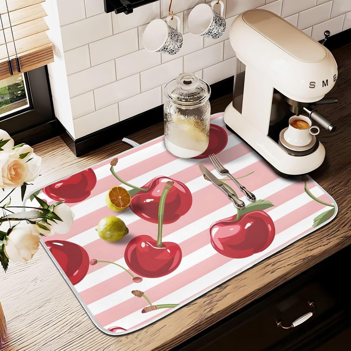 Pink Striped with Cherries Dish Drying Mat Dishes Pad Absorbent Fast Dry Dish Drainer Mat Protector for Kitchen Counter 18x14 Inches