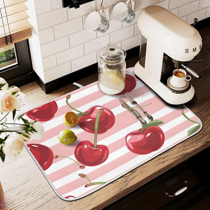 Pink Striped with Cherries Dish Drying Mat Dishes Pad Absorbent Fast Dry Dish Drainer Mat Protector for Kitchen Counter 18x14 Inches