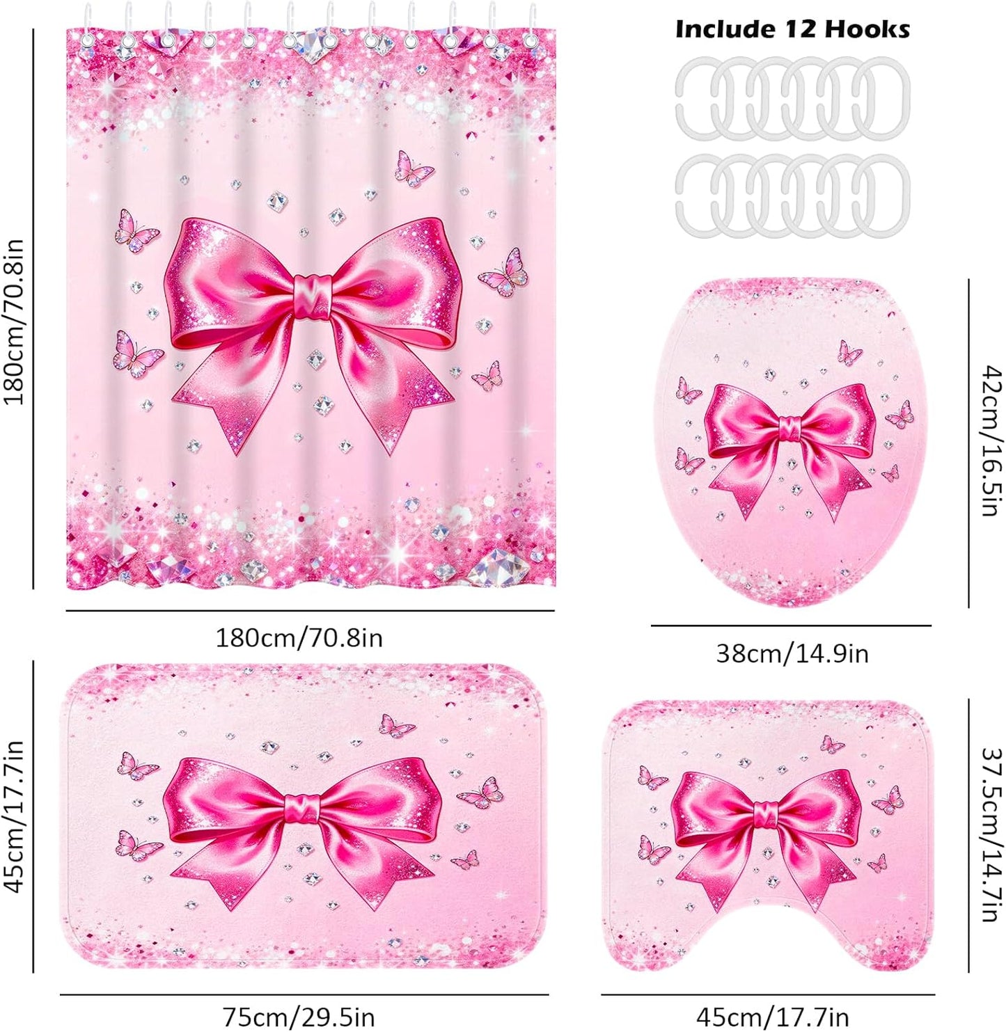 4Pcs Pink Bow Shower Curtain Sets, Bathroom Sets with Shower Curtain, Non-Slip Rugs, Toilet Lid Cover and Bath Mat, Pink Glitter Diamond Shower Curtain with 12 Hooks for Bathroom Set Decor