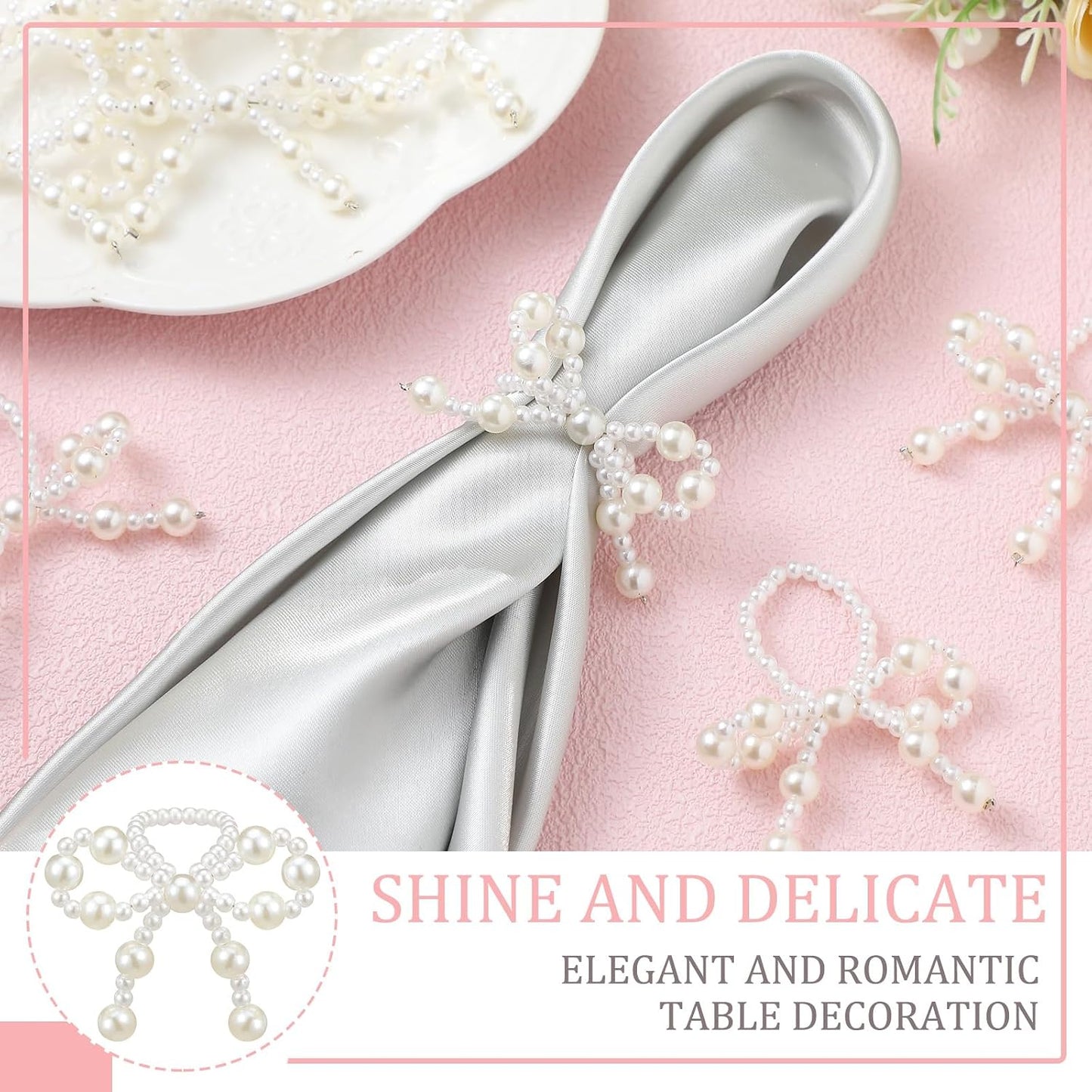 12 Pcs Pearl Bow Napkin Rings Imitation Bow Pearl Ring Napkin Holder Delicate Beaded Serviette Buckles for Christmas Wedding Party Dinner Table Decor and Daily Use(Elegant)