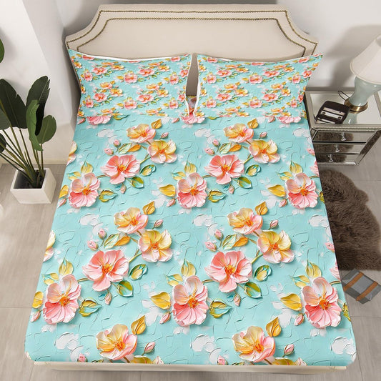 Pink Flower Bed Sheets for Kids Girls Women, Spring Peach Blossom Water Color Fitted Sheet Green Leaves Plant Sheets Full, Garden Botanical Daisy Bed Set, Cute Room Decor Aesthetic