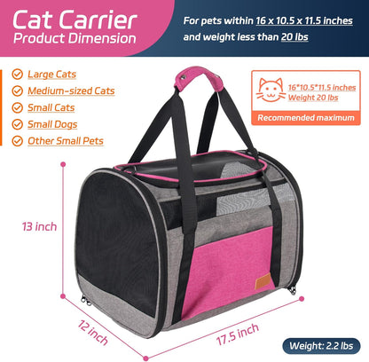 Large Cat Carrier for 20 lbs Pets - Soft Sided Breathable Mesh Travel Carrier, Airline Approved, Washable for Small Dogs Puppies, Foldable, Pink
