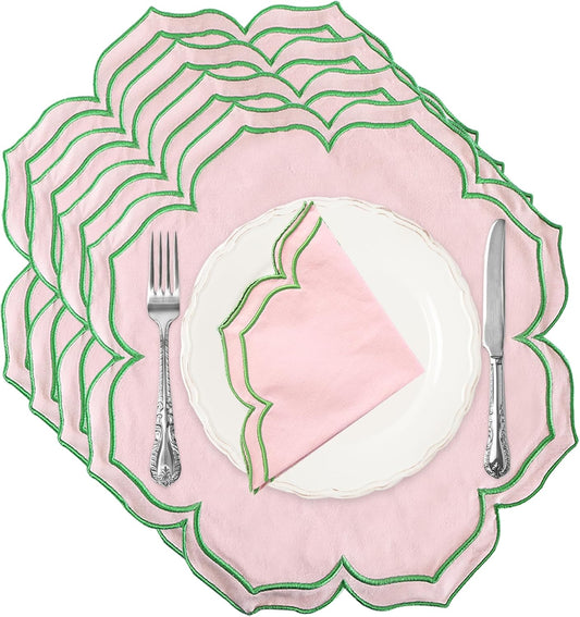 Flower-Shaped Placemats Set of 4, Double Embroidered Edge15-inch Scalloped Cotton Round Cloth Table Mats for Table Settings, Mother’s Day, Anniversaries, Weddings(Round Pink with Green Trim)