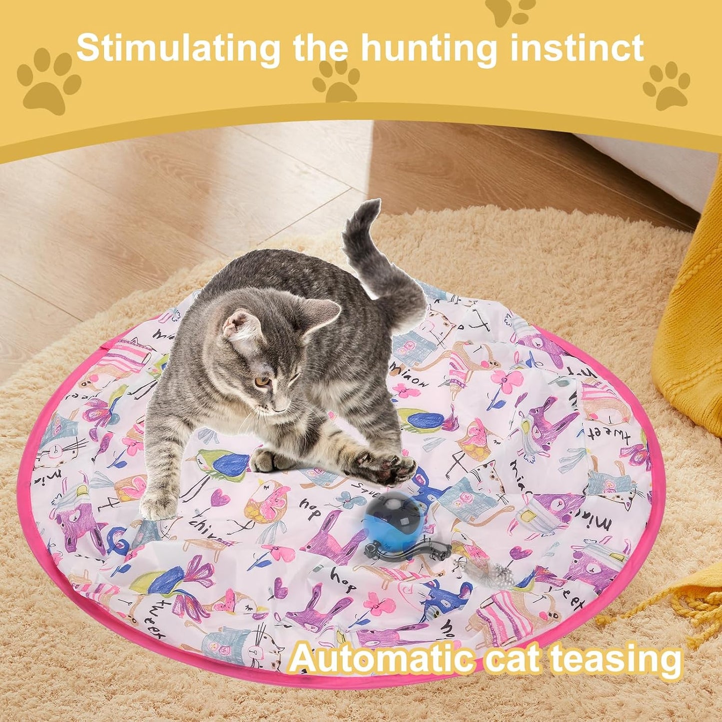 Cat Toy Mat with Moving Toy Under,Remote Control Hide and Seek Rechargeable,Interactive Cat toys Play Mat Rolling Ball Indoor Exercise for Bored and Overweight Cat and Small Dog Entertainment Pink