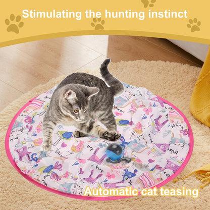 Cat Toy Mat with Moving Toy Under,Remote Control Hide and Seek Rechargeable,Interactive Cat toys Play Mat Rolling Ball Indoor Exercise for Bored and Overweight Cat and Small Dog Entertainment Pink