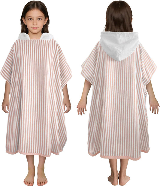 VOOVA & MOVAS Hooded Poncho Towel for Teens Unisex 100% Cotton Soft Pastel Beach Pool Bath Cover Up Blush Pink White Thin Stripe with White Hood