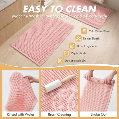 MIULEE Set of 2 Waffle Bathroom Rugs, Boho Bath Rugs Non Slip Washable, Super Absorbent Bath Mats, Ultra Soft Rubber Backed Shower Mats for Bathroom Floor, Tub and Shower, Pink, 18x30 Inch