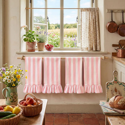 Pink Striped Kitchen Towels Set of 4, 100% Cotton Ruffled Striped Dish Towels 18"x31" Absorbent Tea Cloths Classic Pattern for Farmhouse Charm, Drying Dishes, Entertaining Guests