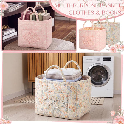 2 Pcs Quilted Fabric Storage Basket with Handles 13"x11"x10.6" Boho Foldable Laundry Organizer Bin for Home Picnic Shopping Travel (Pink,Flower)