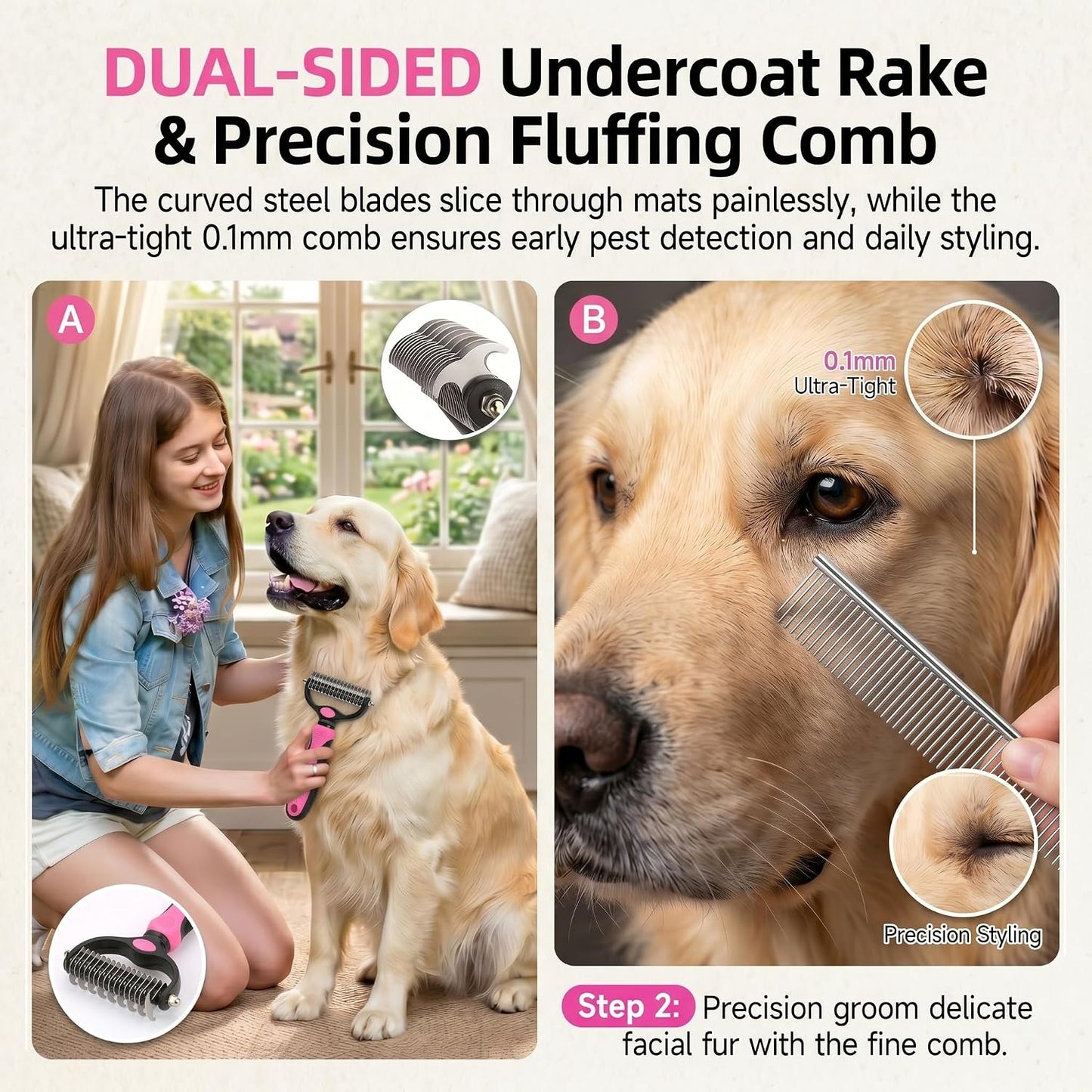 5PCS Self Cleaning Slicker Brush and Dog Grooming Kit, Pink | Deshedding Brush Kit for Dogs & Cats, Ideal for Short Long Hair, Daily Detangling & Cleaning Mats at Home or Travel