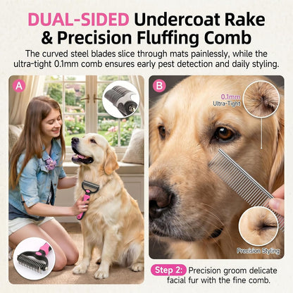 5PCS Self Cleaning Slicker Brush and Dog Grooming Kit, Pink | Deshedding Brush Kit for Dogs & Cats, Ideal for Short Long Hair, Daily Detangling & Cleaning Mats at Home or Travel