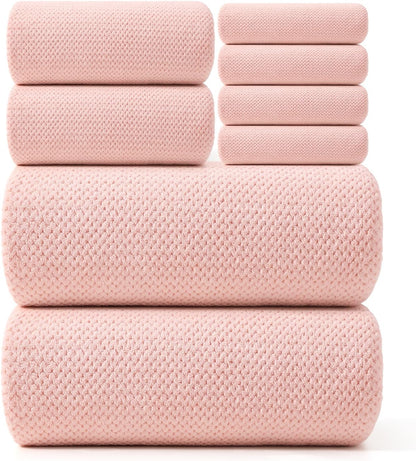 REDKISS Pink Towel Set of 8 - Ultra Soft Microfiber, Contains 2 Large Bath 35x70, 2 Hand 14x30, 4 Washcloths 14x14, Highly Absorbent, Quick Dry, Ideal for Everyday use, Hotel & Spa, Pink