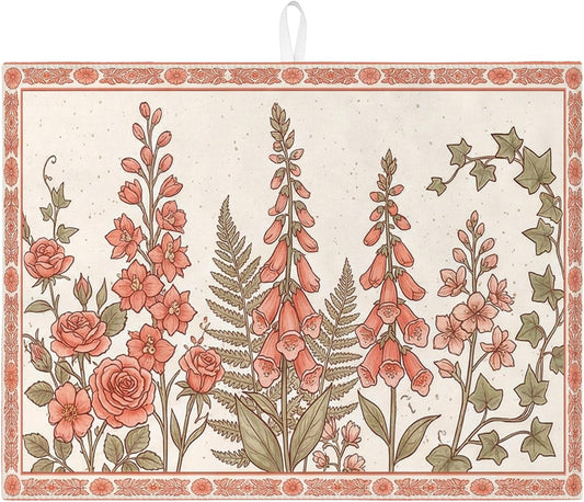 Floral Dish Drying Mats for Kitchen, Vintage Peach Absorbent Dish Drainer Rack Mat, Spring Garden Microfiber Drying Pad for Counter Protector 18x24 Inch