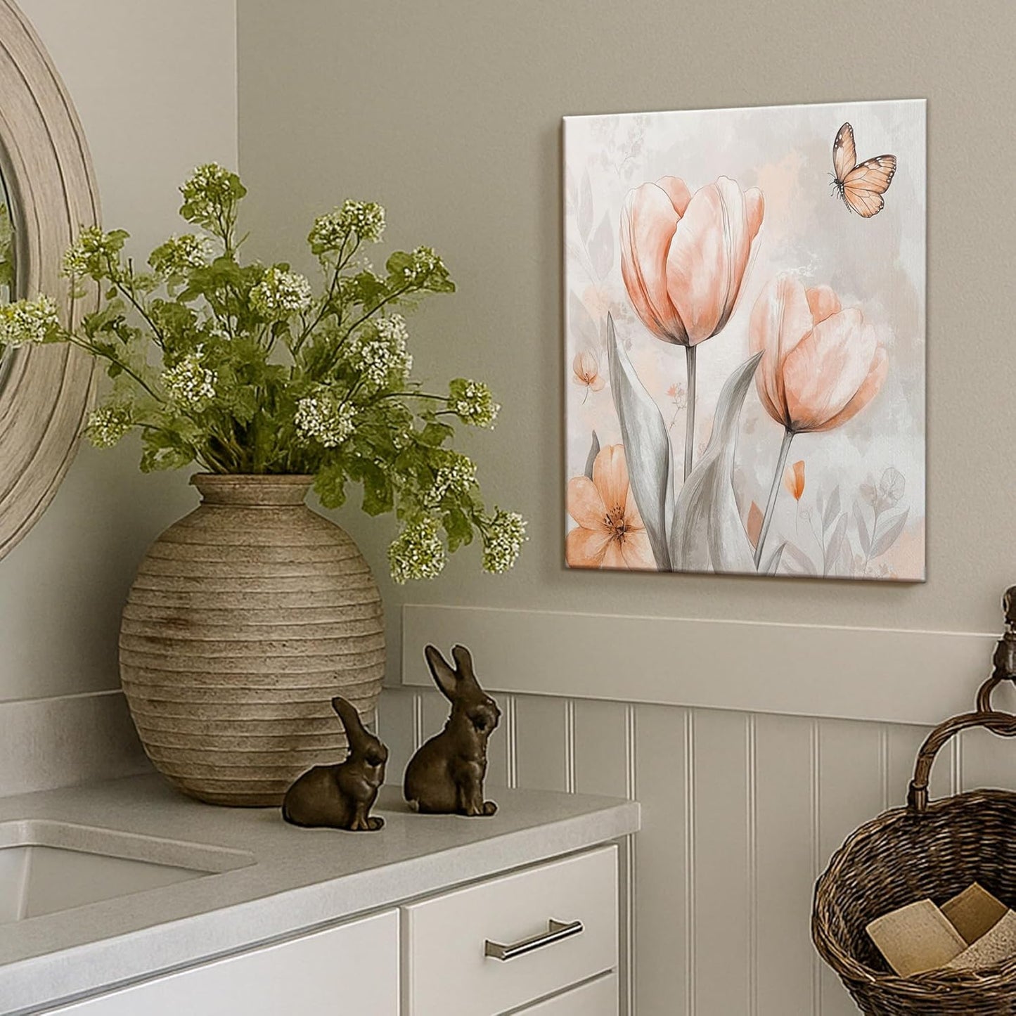 Spring Floral Wall Art, Peach Gray Tulips Painting, Modern Aesthetic Decor For Living Room, Bedroom, Office, Unframed 16x20 Inch