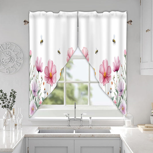 Spring Wildflowers Bees Pink Floral Swag Curtain Valance for Windows,Black Gray Window Treatments Short Swag Topper for Kitchen Windows Bathroom Bedroom,28 x 36 Inch, 1 Pair