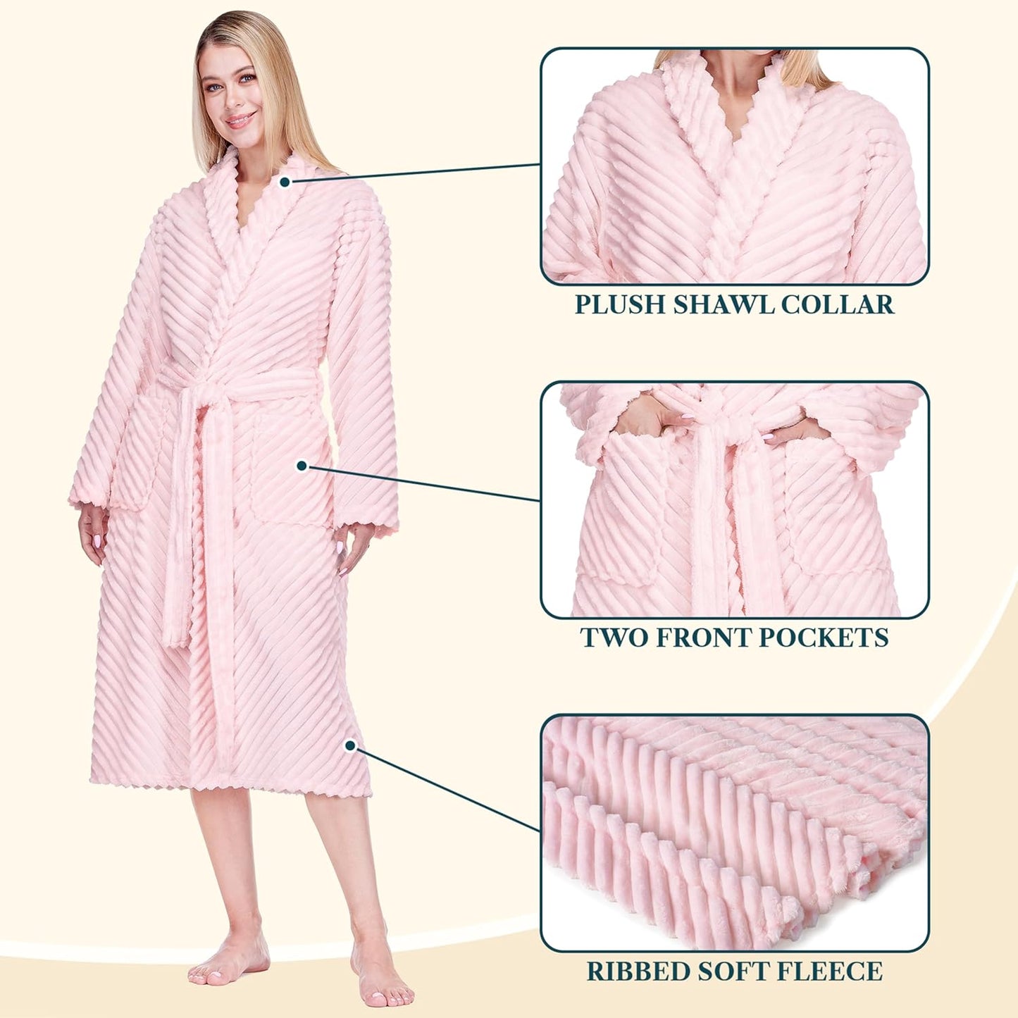 PAVILIA Womens Plush Fleece Robe, Super Soft Long Bathrobe with Pockets, Cozy Lightweight Ribbed House Robe for Spa Lounging