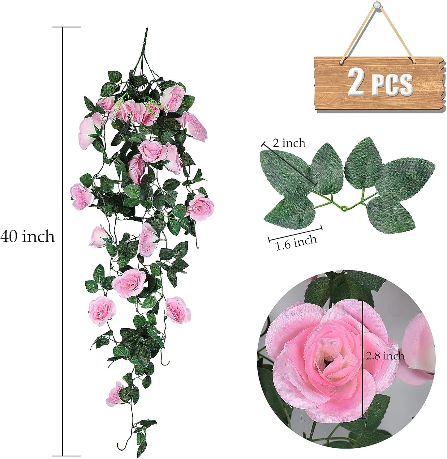 RECUTMS Fake Hanging Flowers, 2 PCS Pink Rose Artificial Flower Vines, 3.3Ft Blush Pink Roses for Wall Decor, Wedding, Home, Bridal Shower, Valentines, Easter, Friendship Day Party Decoration (Pink)