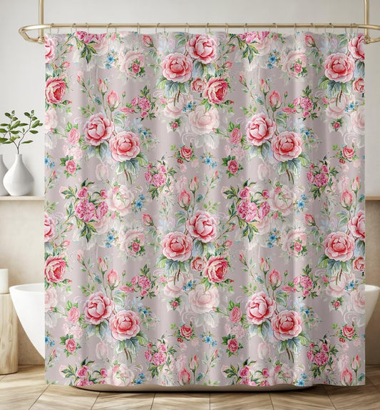 Floral Botanical Shower Curtain Rustic Vintage Watercolor Pink Flowers Blossom Green Leaves Art Print Waterproof Bath Curtain for Bathroom Decor with 12 Hooks 72x72 Inch