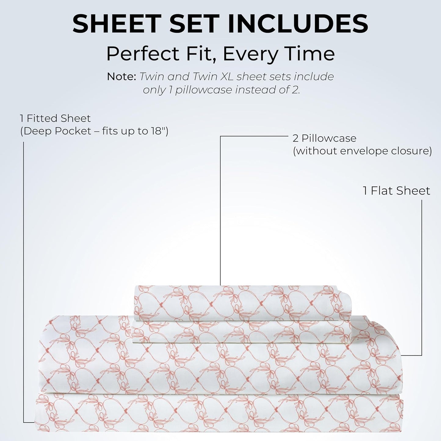 Full Size Fitted Sheet with 18" Deep Pockets, Flat Sheet - Percale Weave Natural - Breathable 100% Cotton Bedding, 1 Fitted Sheet + 1 Flat Sheet + 2 Pillowcases - Pink Bows Print