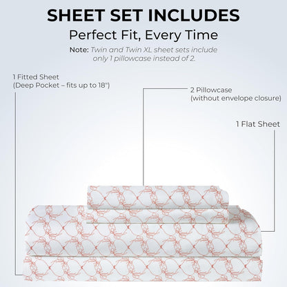 Full Size Fitted Sheet with 18" Deep Pockets, Flat Sheet - Percale Weave Natural - Breathable 100% Cotton Bedding, 1 Fitted Sheet + 1 Flat Sheet + 2 Pillowcases - Pink Bows Print