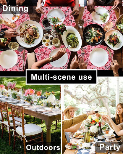 Chinese Flowers Placemats Set of 6 for Dining Table, Woven Round Table Placemats, Spring Pink Peach Blossoms Floral Table Mats Washable Wedge Placemat Indoor/Outdoor Patio Kitchen Décor
